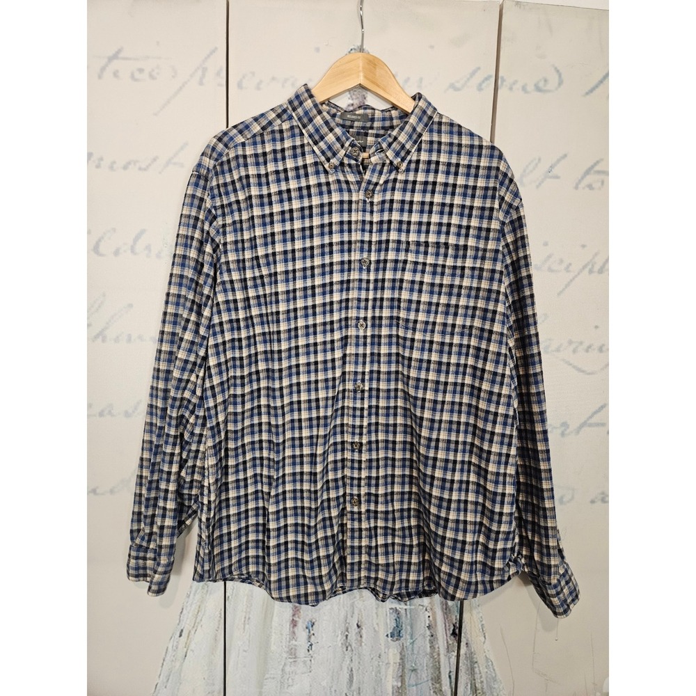 Eddie Bauer Button Front Shirt XL Blue Plaid Relaxed Fit Cotton Long Sleeve